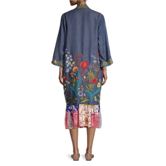 Johnny Was Kimono Long Provence Coat Denim Blue Embroidery Jacket Floral NEW - Picture 7 of 8